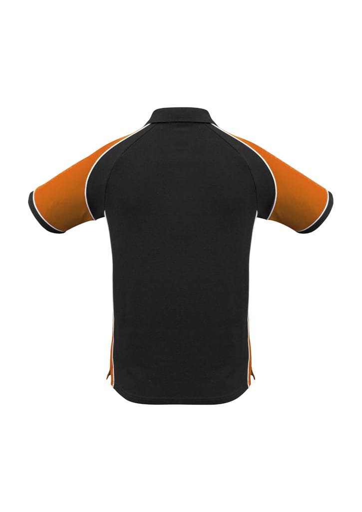 A black and orange men's short sleeve polo shirt featuring contrasting trim and a logo.