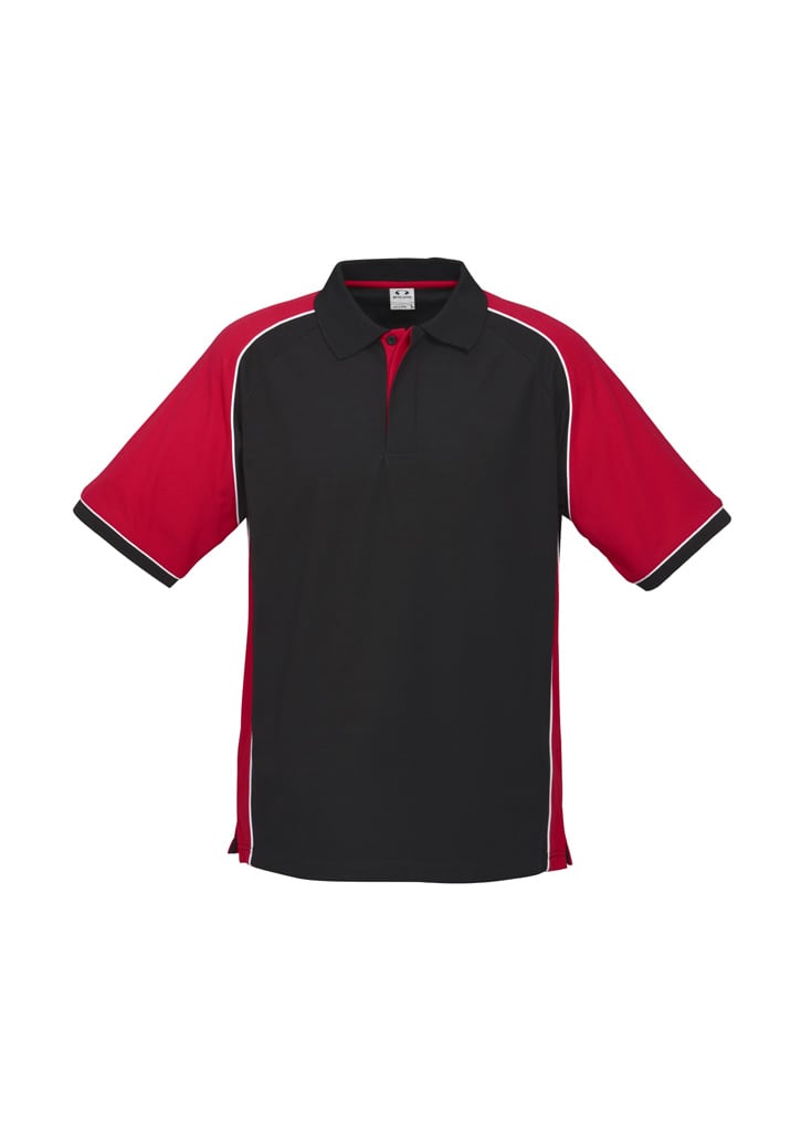 A short sleeve polo shirt in black with red accents, featuring branding on the chest area.