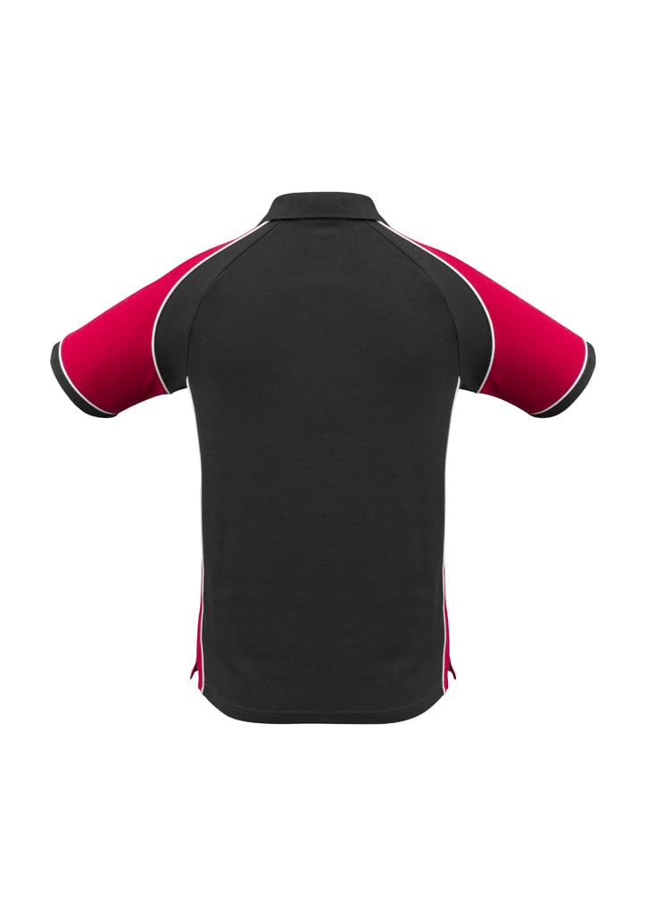 A black and red men's short sleeve polo shirt featuring contrasting piping and a logo.
