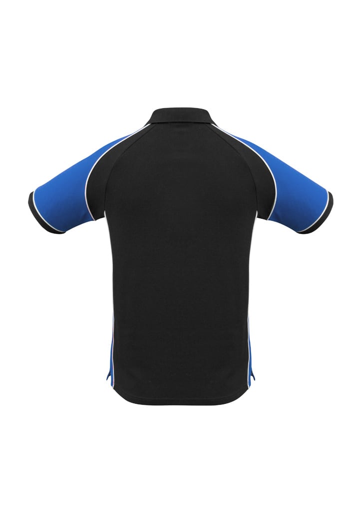 Men's polo shirt in black with blue accents and a contrasting collar. Features a logo on the front.