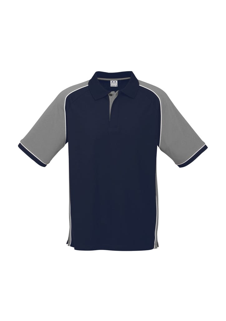 A navy and grey short sleeve polo shirt featuring contrast detailing and a collar, with a logo on the chest.