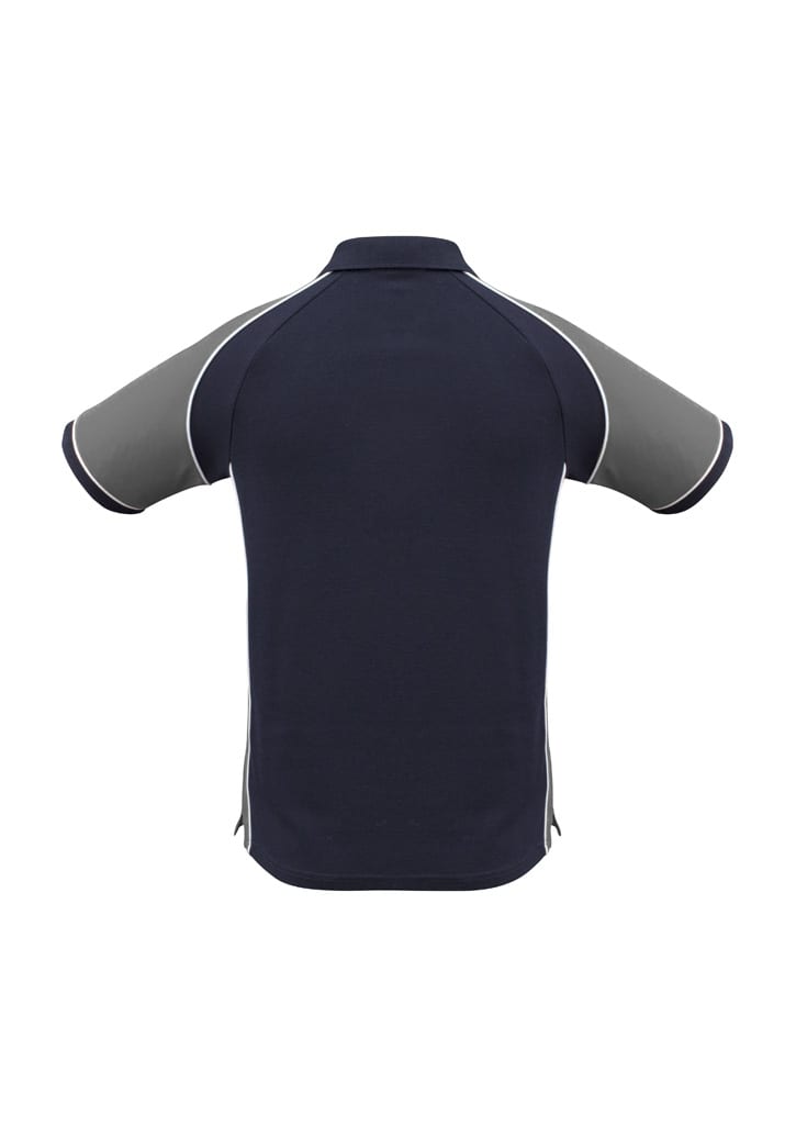 A navy blue short sleeve polo shirt featuring grey accents and a logo on the front.