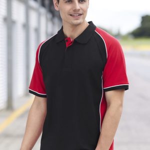 A short sleeve polo shirt in black with red sleeves and white piping, featuring a logo on the chest.
