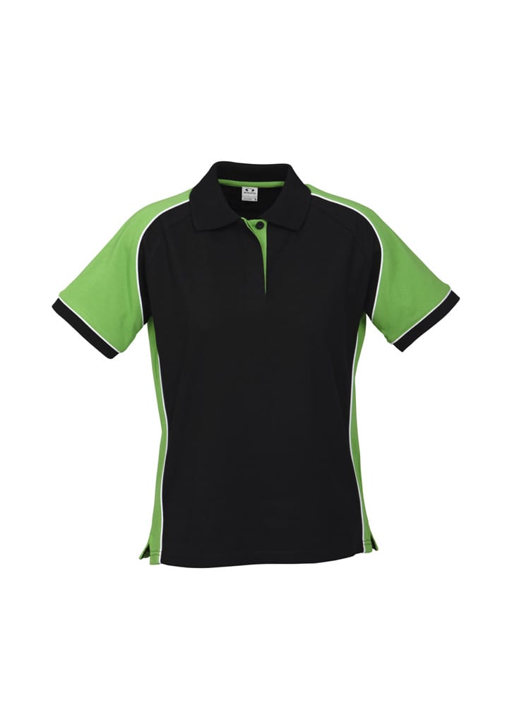A short sleeve polo shirt in black with green accents, featuring a collar and branded logo.
