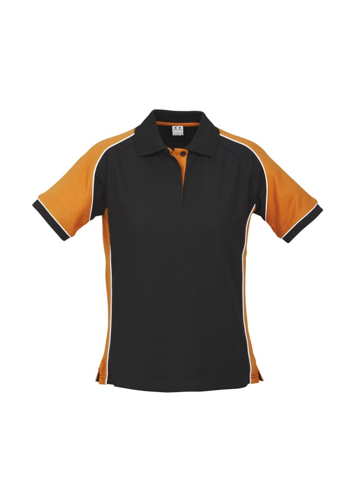 A women's polo shirt featuring black with orange accents and a logo. Short sleeves and a classic collar design.