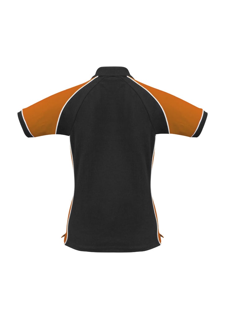 A women's polo shirt in black with orange sleeves and white detailing, featuring a logo on the front.