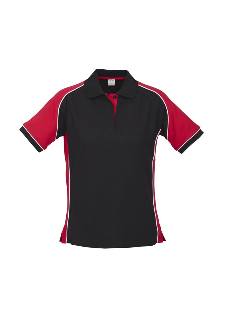 A black and red women's short sleeve polo shirt featuring a logo and contrasting trim.