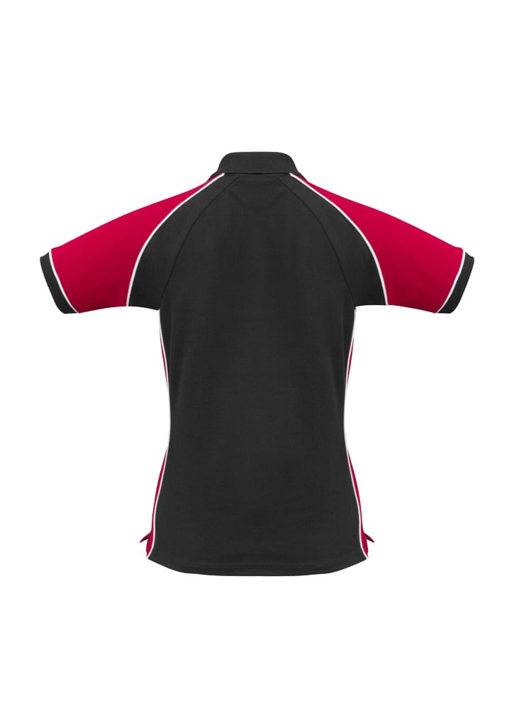 A women's short sleeve polo in black with red and white accents. Features a logo on the front.