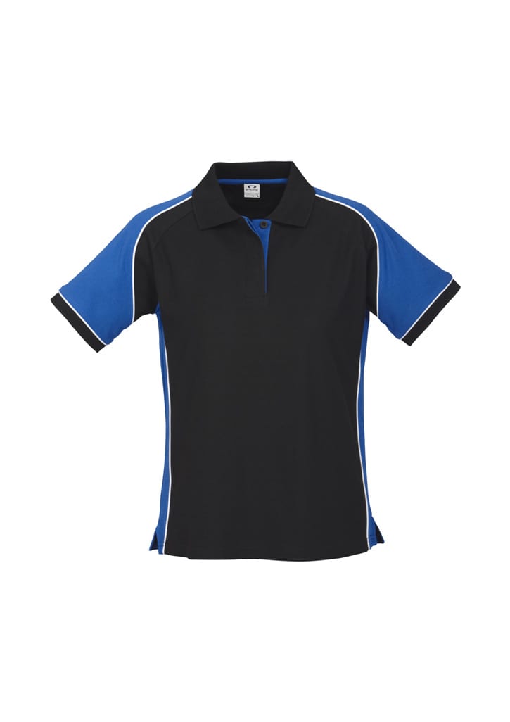 A short sleeve polo shirt in black and blue with a simple design and a logo on the chest area.