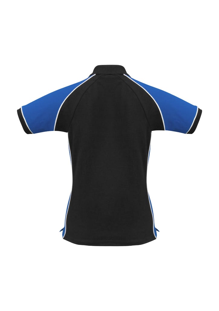 A black and blue women's polo shirt with a contrasting design and a logo on the front.