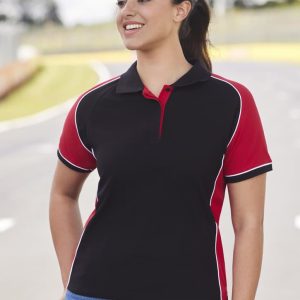 A black and red women's polo shirt with short sleeves and a contrasting trim, featuring a logo.