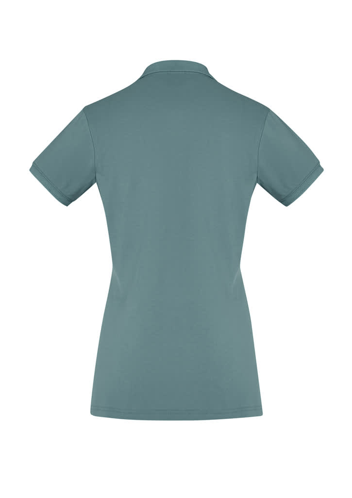A back view of a women's short sleeve polo shirt in a teal colour, featuring a collar and fitted style.