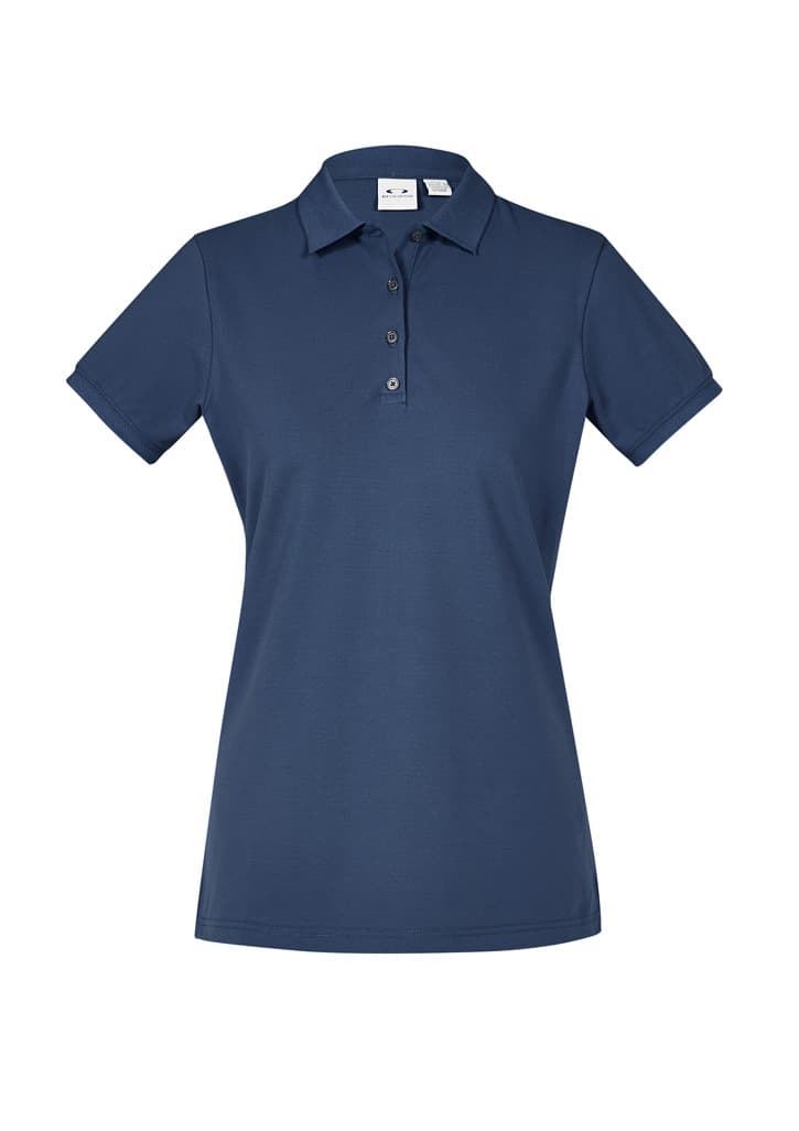 A navy women's short sleeve polo shirt with a collared design and button placket, featuring a logo.