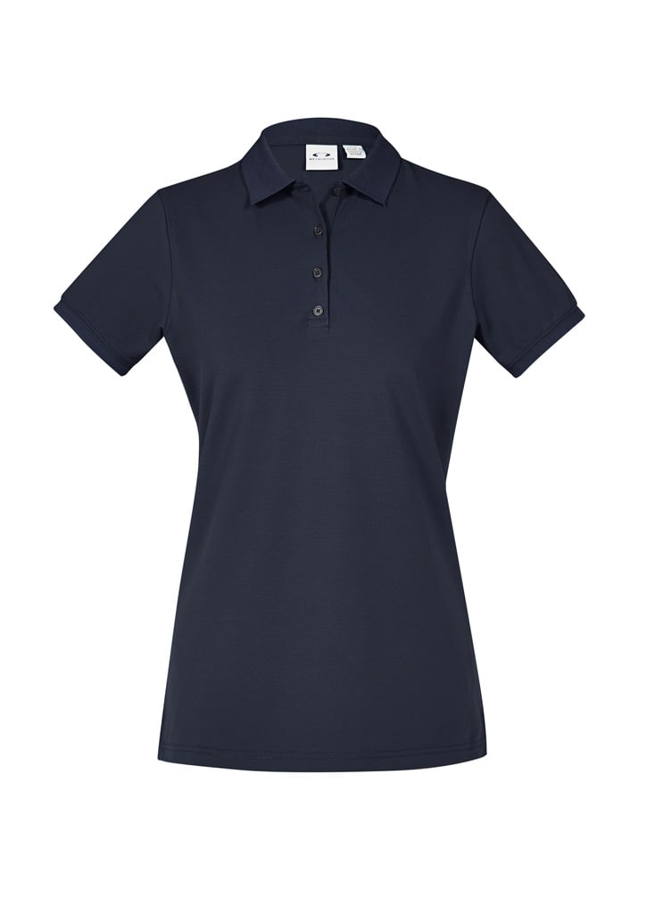 A women's short sleeve polo shirt in navy blue, featuring a collar and buttons, with a logo on the chest.