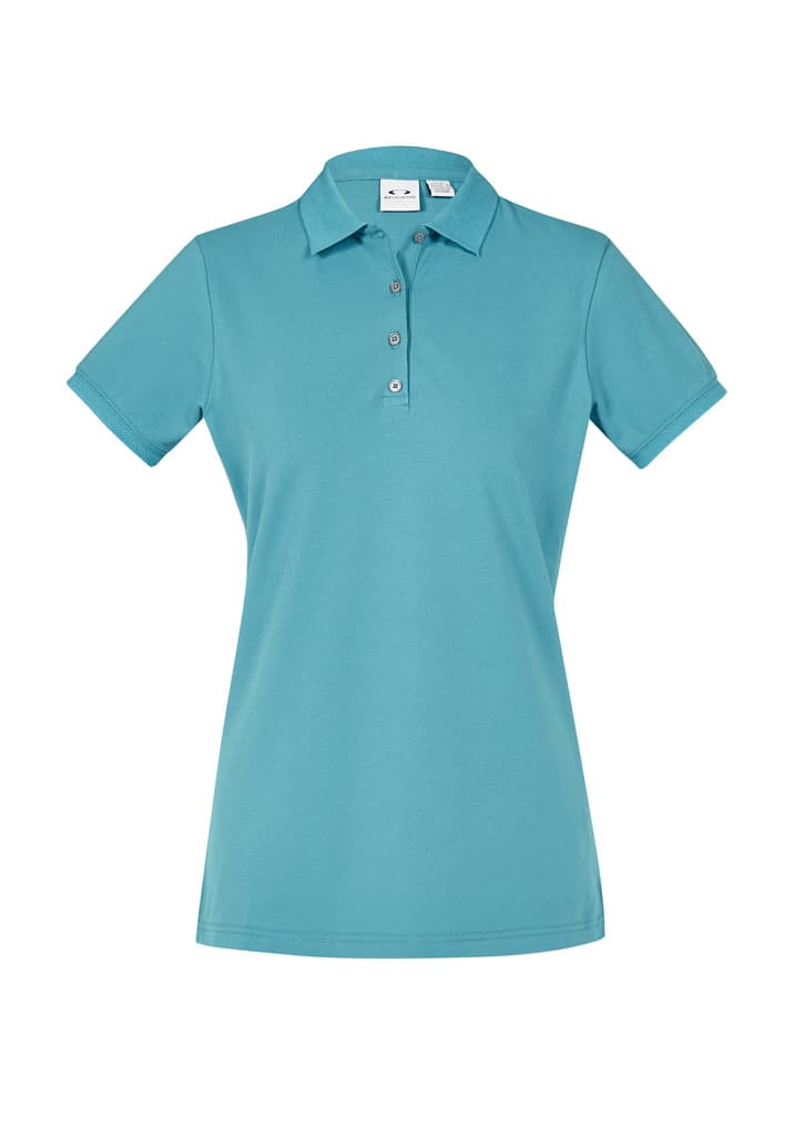 A short sleeve polo shirt in teal with a collar and buttons, featuring a logo.