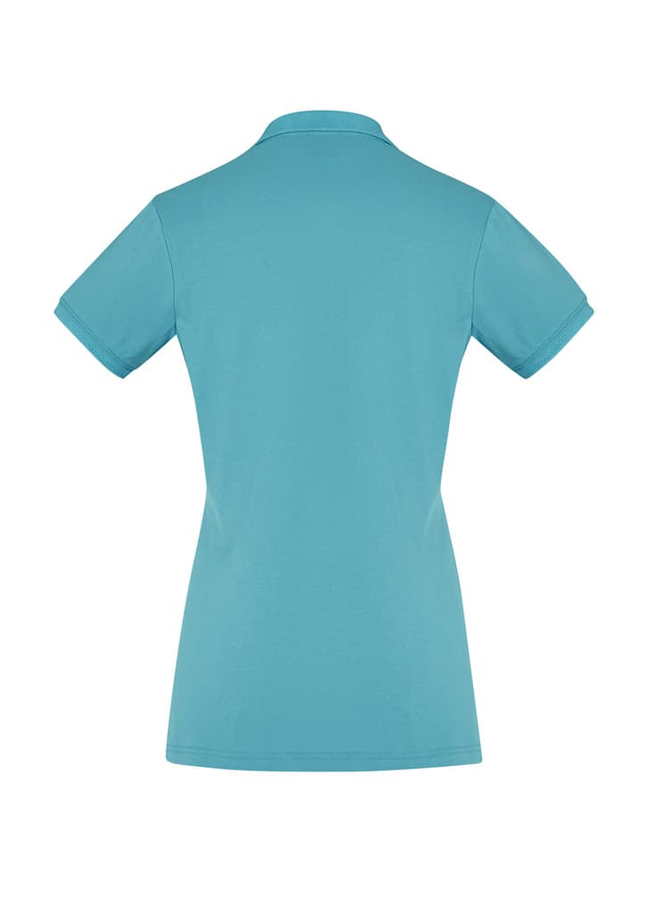 A women's short sleeve polo shirt in a bright turquoise colour, featuring a simple design and a collar.