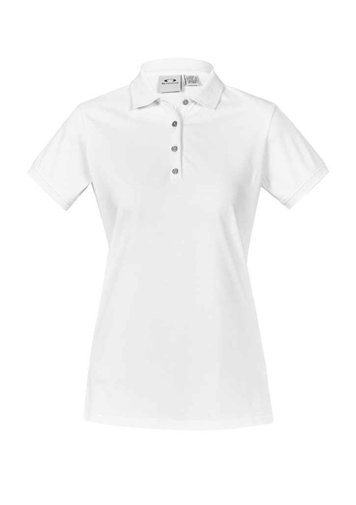 A white women's short sleeve polo shirt with a button-up collar and a logo.