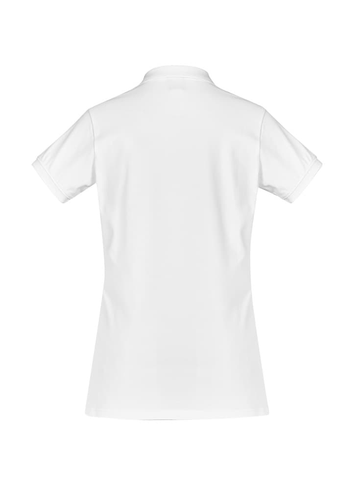 A women's short sleeve polo shirt in white, featuring a classic polo collar and a back view.