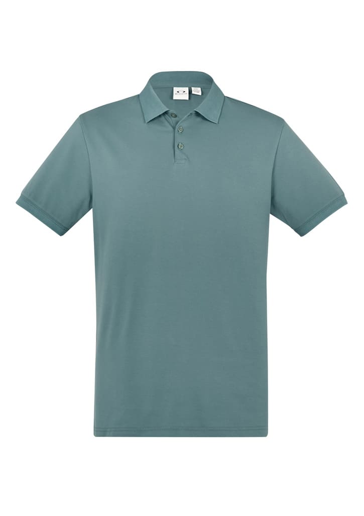A green short sleeve polo shirt with a collar and three buttons, featuring a logo on the chest area.