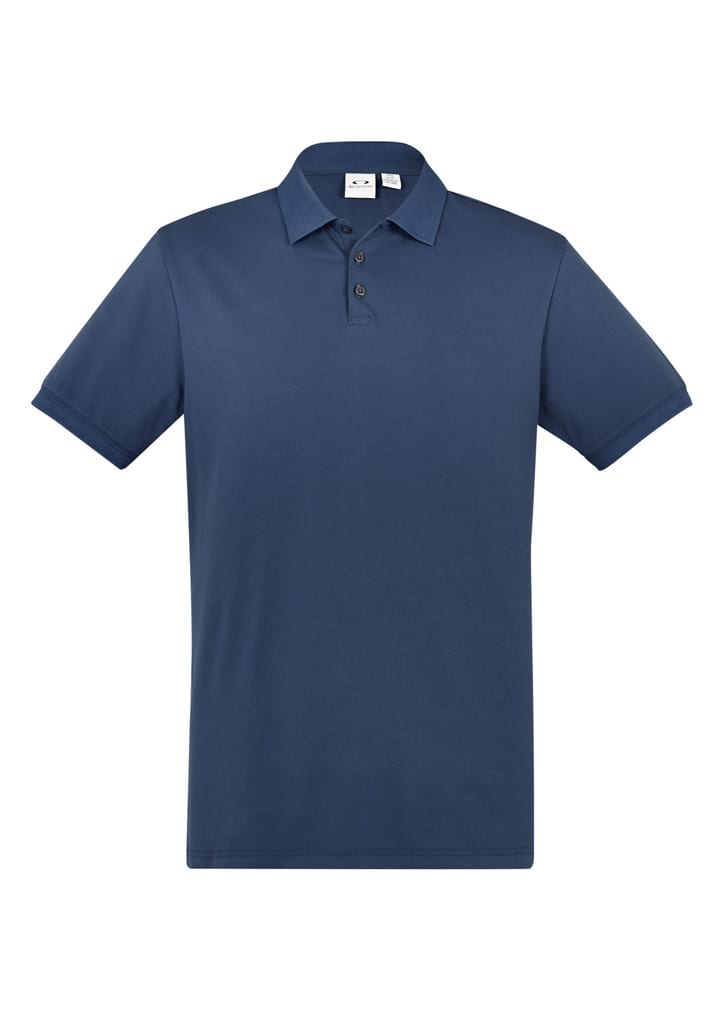A navy blue men's short sleeve polo shirt with a collar and three buttons, featuring a logo on the chest.