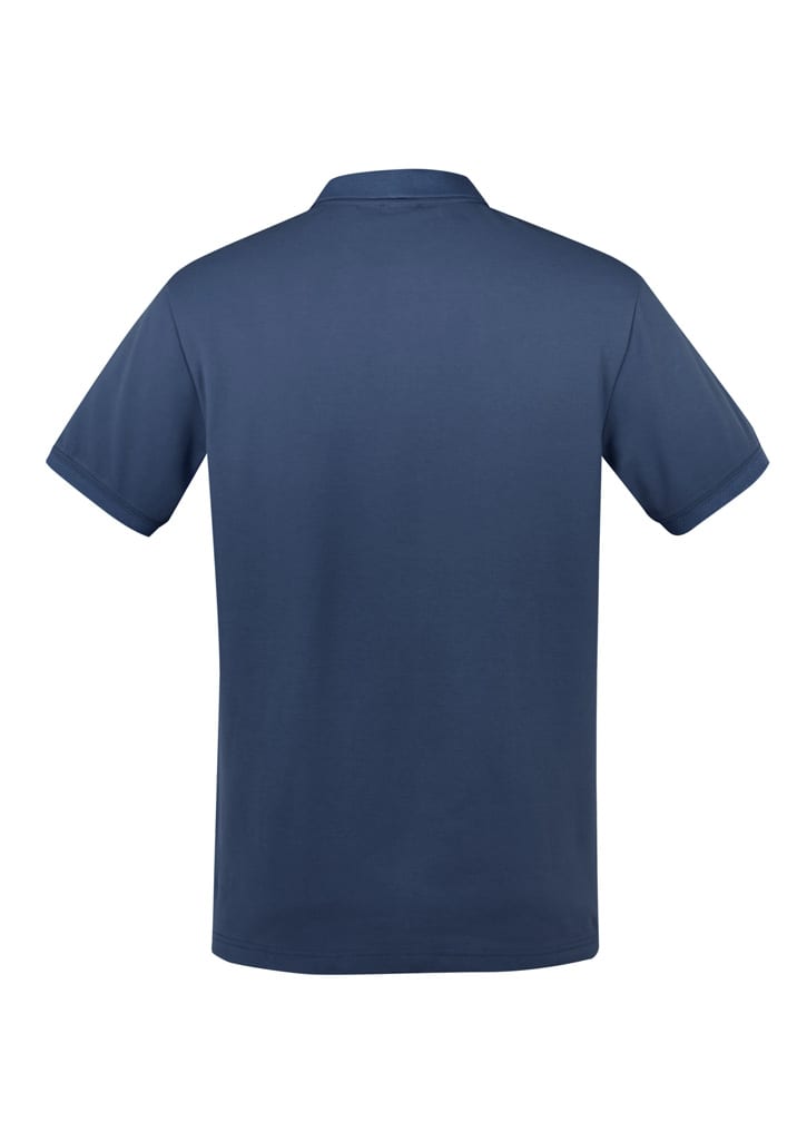A navy blue short sleeve polo shirt with a classic collar and a logo on the back.