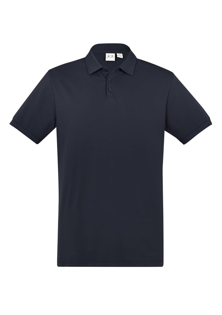 A navy short sleeve polo shirt with a collar, featuring three buttons and a logo on the chest.
