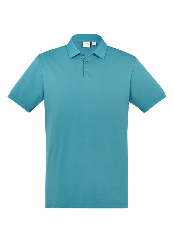 A teal short sleeve polo shirt featuring a classic collar and a button placket, with a logo on the chest.