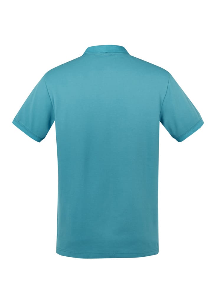 A teal men's short sleeve polo shirt featuring a classic design and a logo on the neckline.