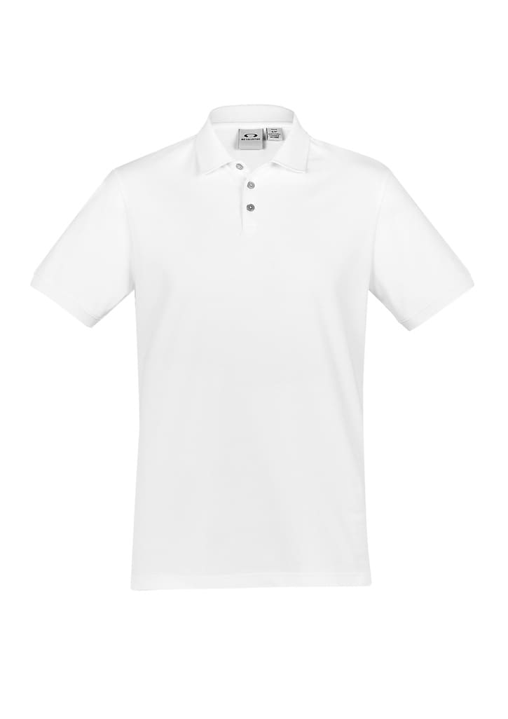 A white short sleeve polo shirt with a three-button placket and a small logo on the chest.