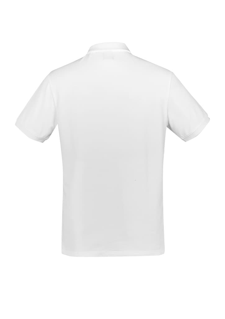 A white short sleeve polo shirt featuring a collar and a small logo on the back.