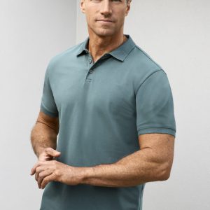 Men's short sleeve polo shirt in teal, featuring a classic design and a logo on the chest.