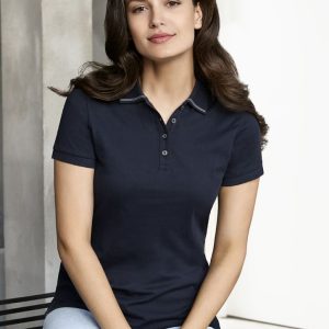 A navy women's polo shirt with short sleeves, featuring a collar and buttons, designed for casual wear.