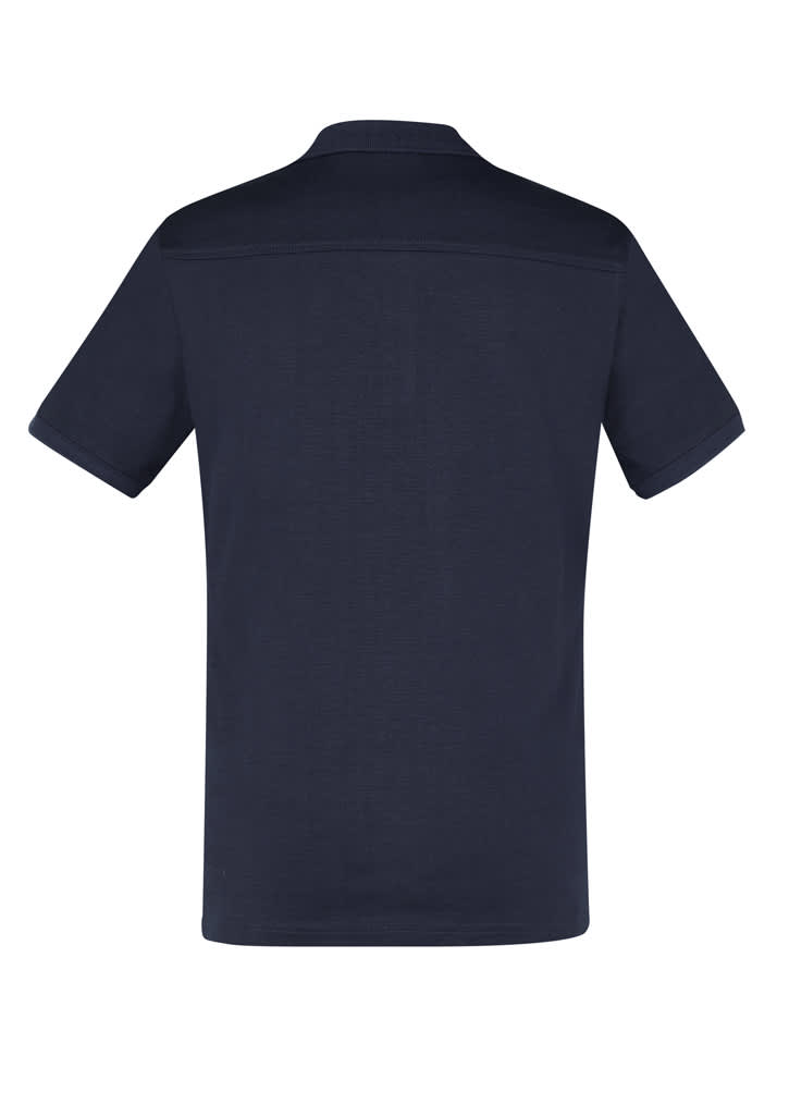 A navy blue short sleeve polo shirt featuring a collar and a logo.