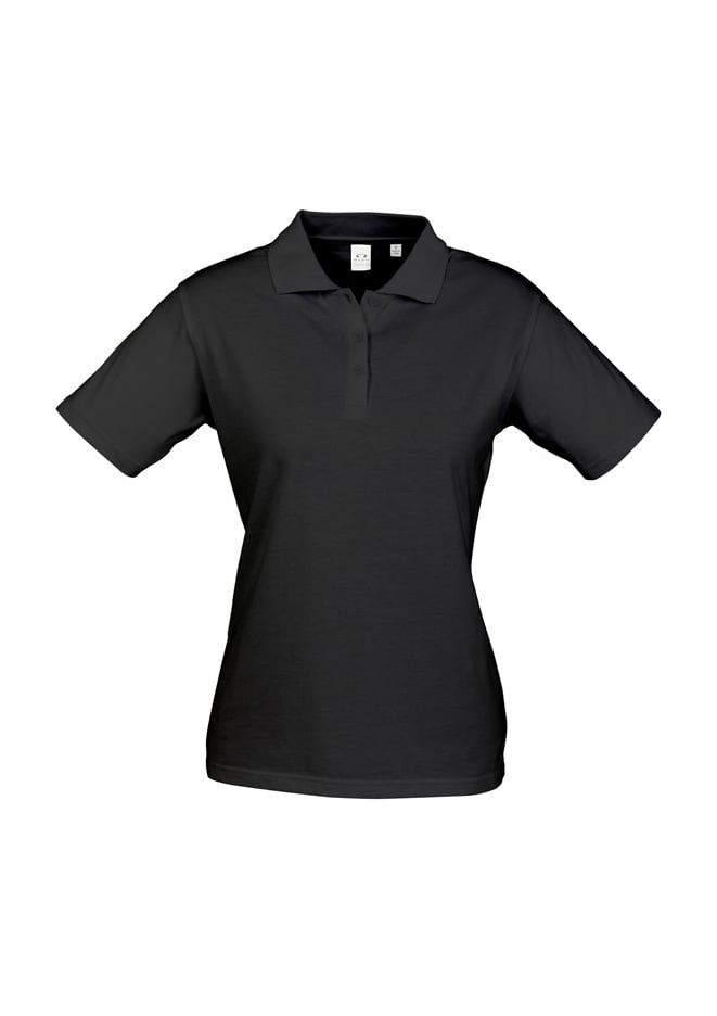 A women's short sleeve polo shirt in black, featuring a classic collar and a logo.