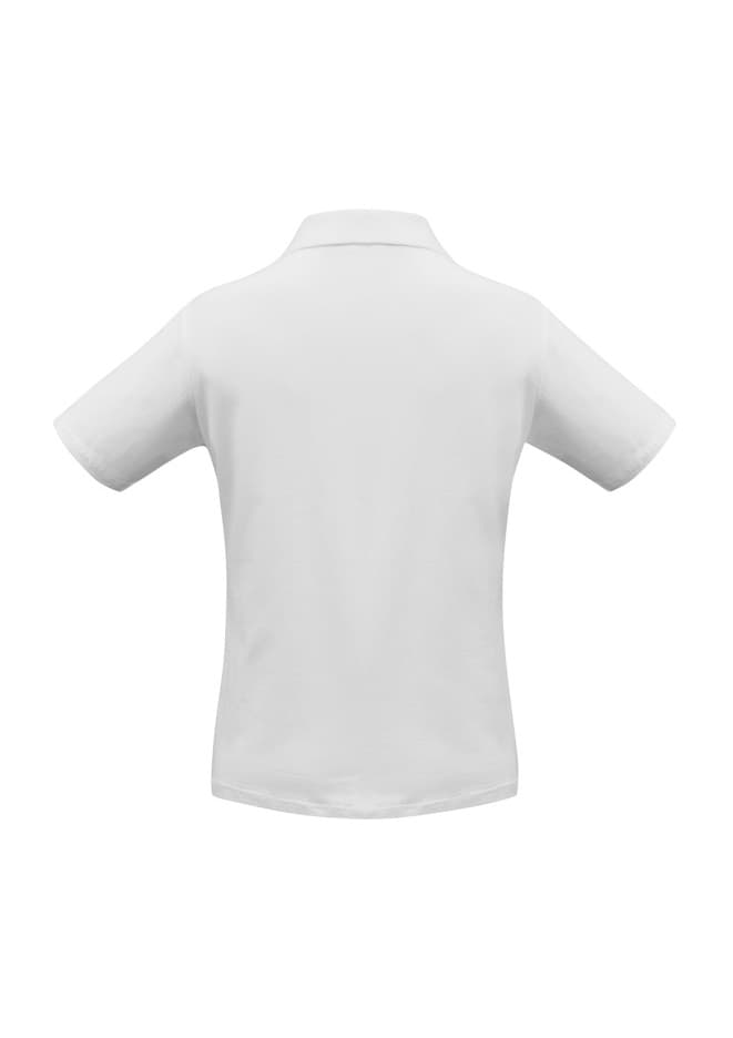 A white women's short sleeve polo shirt, featuring a classic collar and a logo on the back.
