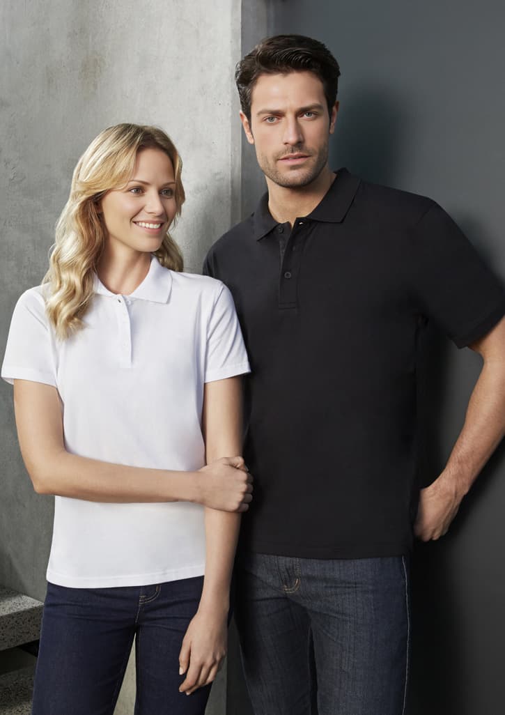 A white short sleeve polo shirt and a black short sleeve polo shirt on a male and female model, both featuring a logo.