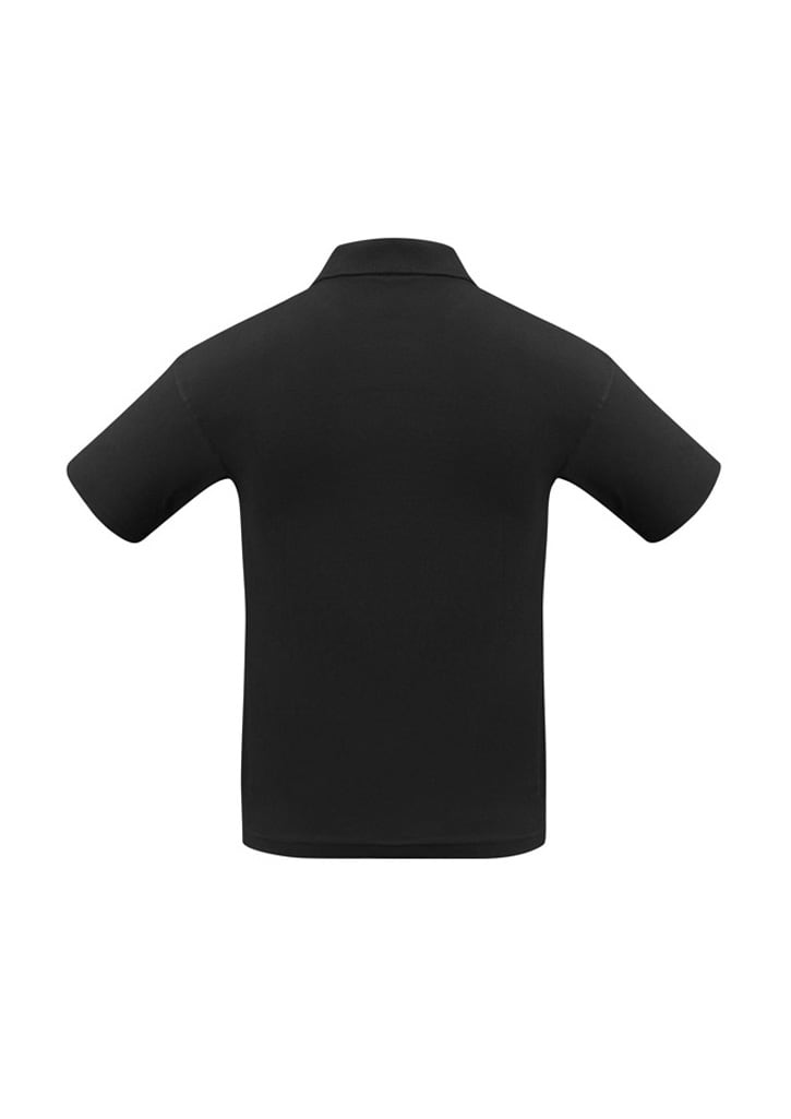 A black short sleeve polo shirt featuring a collar and a logo on the side.