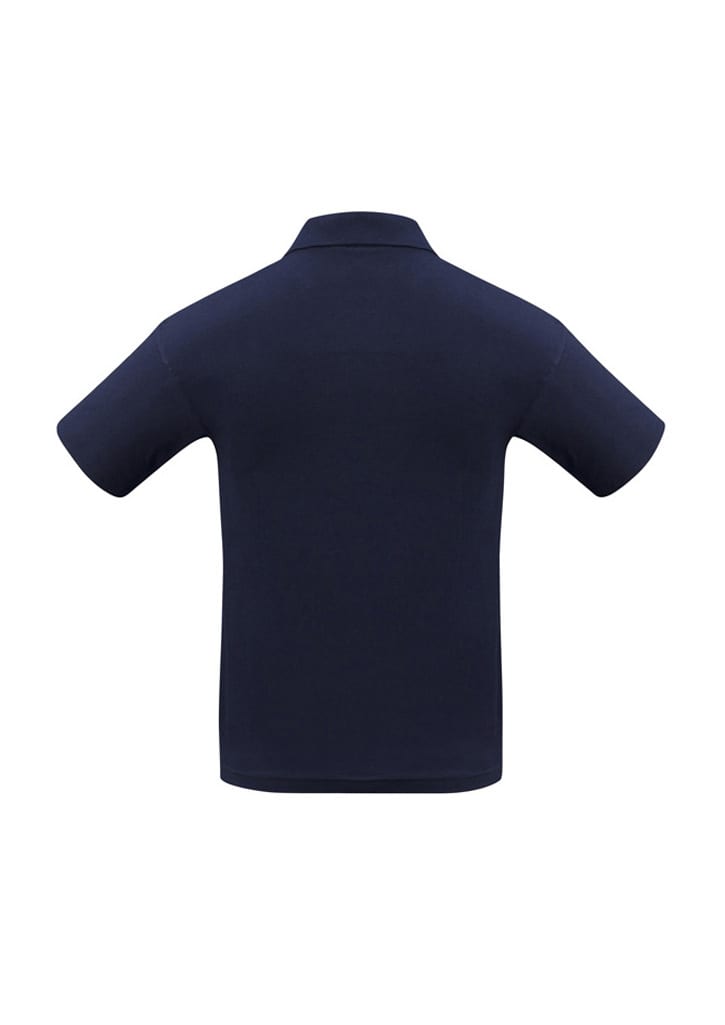 A navy blue men's short sleeve polo shirt featuring a back view and a subtle logo.