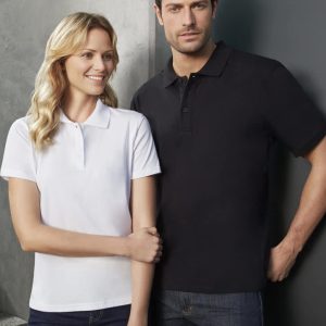 A black and white short sleeve polo shirt displayed on models against a neutral background. The attire features a logo.
