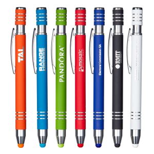 A set of eight metal pens in various colours, including orange, green, blue, red, black, and white, featuring clips and branding.