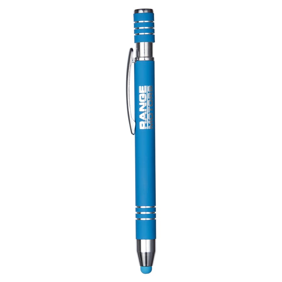 A blue metal pen with silver accents and a clip, featuring a logo on the barrel.