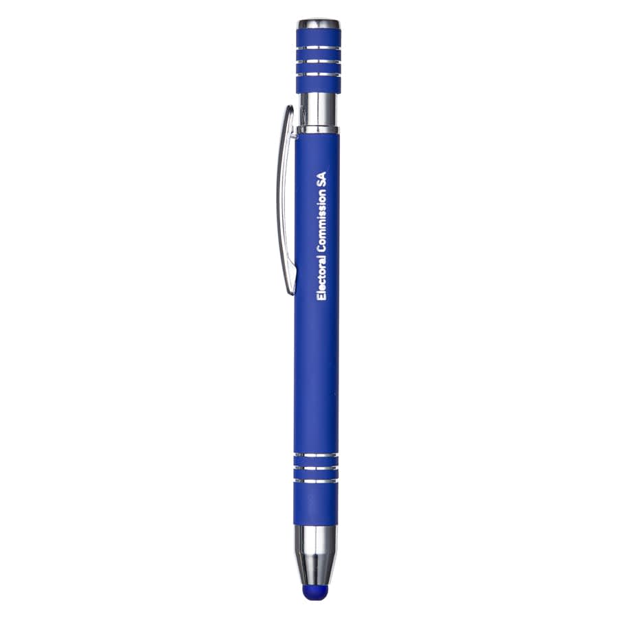 A blue metal pen featuring a silver clip and accents, with a branding logo on the side.