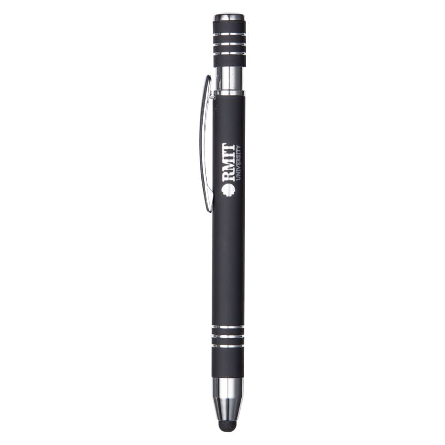 A metal pen in black with silver accents and a clip, featuring a logo on the barrel.