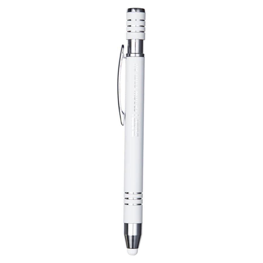 A white metal pen with chrome accents and a clip, featuring a branding logo.