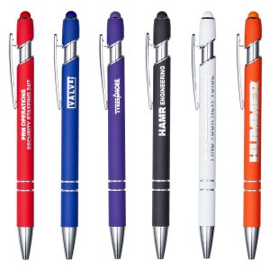 A selection of six metal pens in colours red, blue, purple, white, and orange, each with a clip and branding.