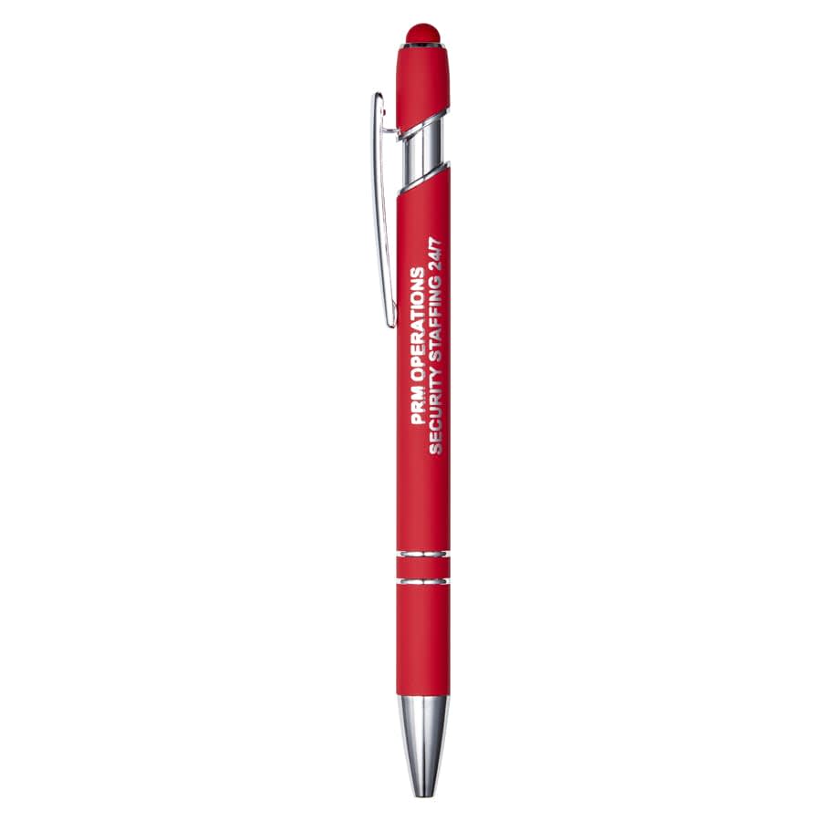 A red metal pen with a silver clip and a logo on the barrel.