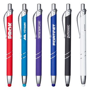 A set of six metal pens in red, blue, purple, black, and white, each with a logo and a chrome clip.