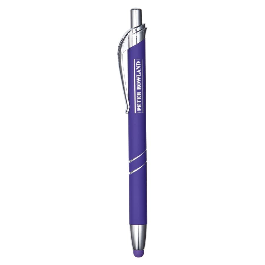 A purple metal pen with a silver clip and a logo. It features a sleek, modern design suitable for promotional use.