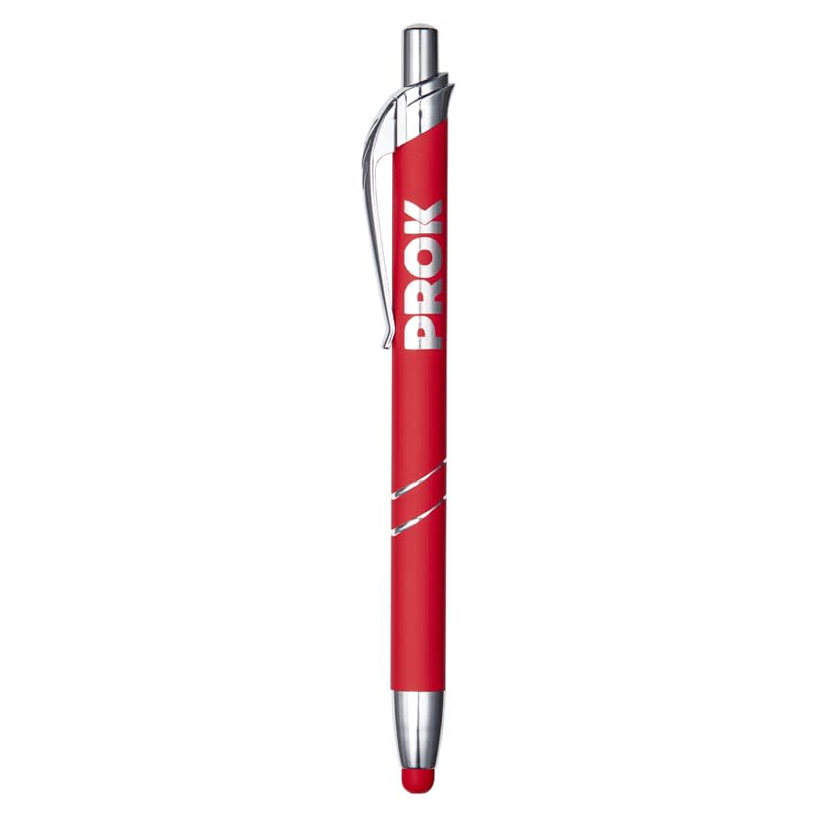 A metal pen in vibrant red with a silver clip and accents, featuring a logo on the barrel.