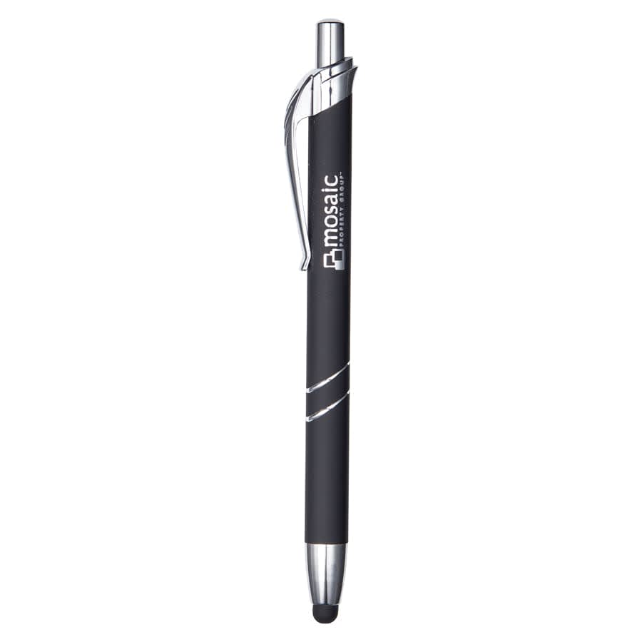 A black metal pen with a chrome clip and a branding logo, featuring a stylus tip for touch screens.